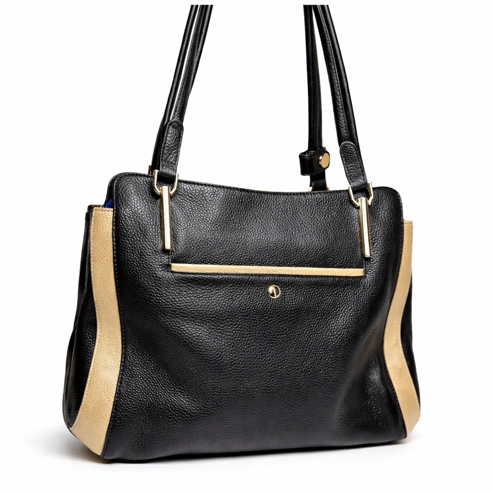 Black Faux Leather Shoulder Bag Gold Tone Hardware Zipper Closure Classic Tote